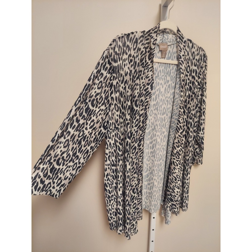 Chicos 3 Animal Print Open Front Cardigan Black White XL Layering Office Chic